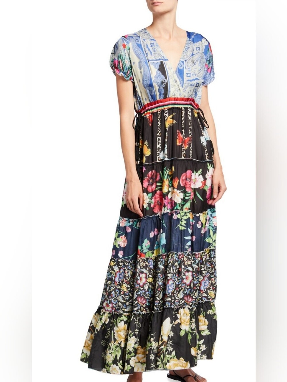 Johnny Was Peteri 100% SILK Multicolor Floral Patchwork Maxi Dress MEDIUM 20 PTP